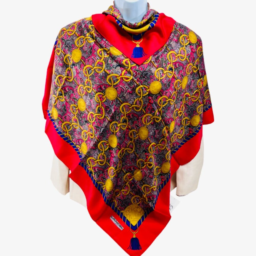 Unused Beautiful Lancel 100% Silk Satin Scarf 34" Red Burgendy Gold Paisley (58 - Picture 2 of 11